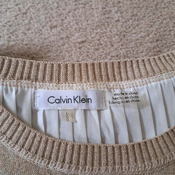 Calvin Klein Sweater 3/4 Sleeve Gold Metallic Size Large Cream Layered Blouse - Picture 10 of 14